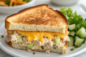 A tuna melt sandwich on golden, crispy sourdough bread, filled with creamy tuna salad topped with melted cheddar cheese