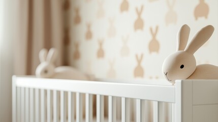 Soft Bunny Decor in Gentle Nursery Setting with Creamy Wallpaper and Crib