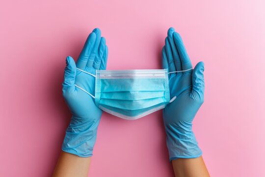 Hands in blue gloves holding a medical mask on a pink background, top view.