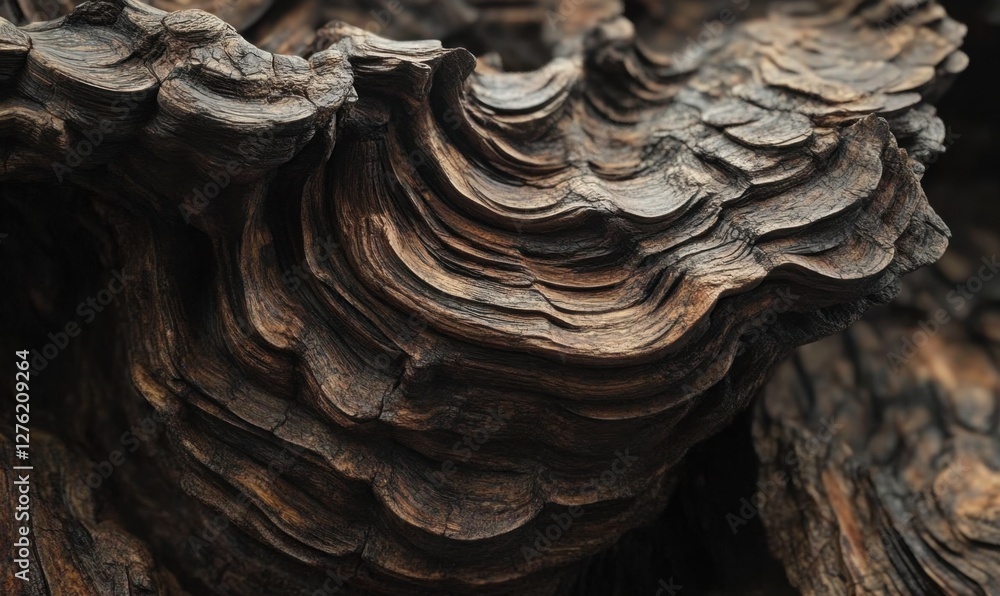 Poster close-up view of textured tree bark showcasing intricate patterns and natural aging, with soft light