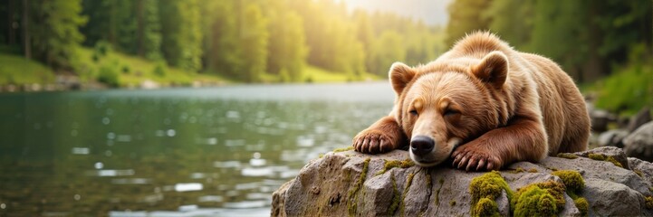 Brown bear sleeping on a rock by a peaceful lake