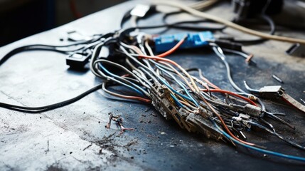 Damaged cables on a mechanic's work surface. Featuring exposed wires and cracked insulation