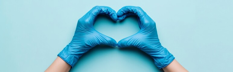 Obraz premium Top view of female hands in blue medical gloves making a heart shape on a light pastel background with copy space. 