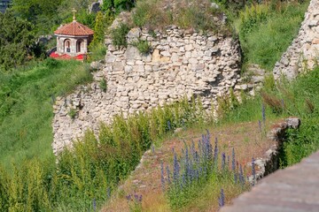 Medieval fortress - castle. View of the ruins and architectural elements of the old medieval...