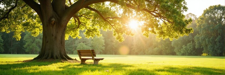 Fototapeta premium Large tree with a wooden bench in a sunlit green park