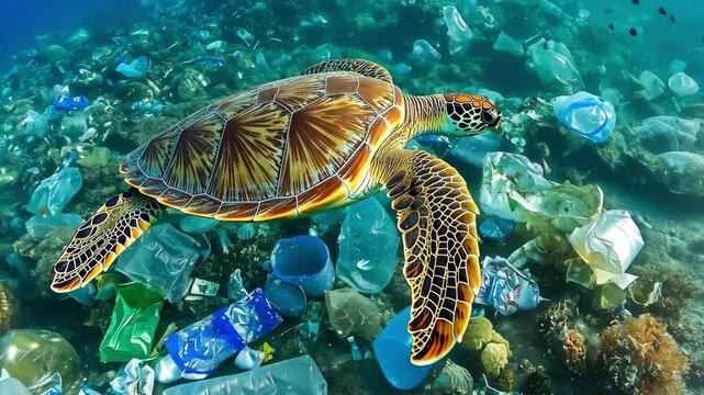 A sea turtle glides through a colorful underwater world filled with plastic debris. The contrast between the turtle&rsquo;s beauty and the pollution highlights ocean environmental issues.