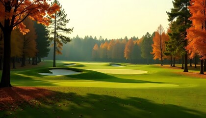 Fototapeta premium A scenic green golf course in autumn with rolling hills, sand traps, and colorful falling leaves