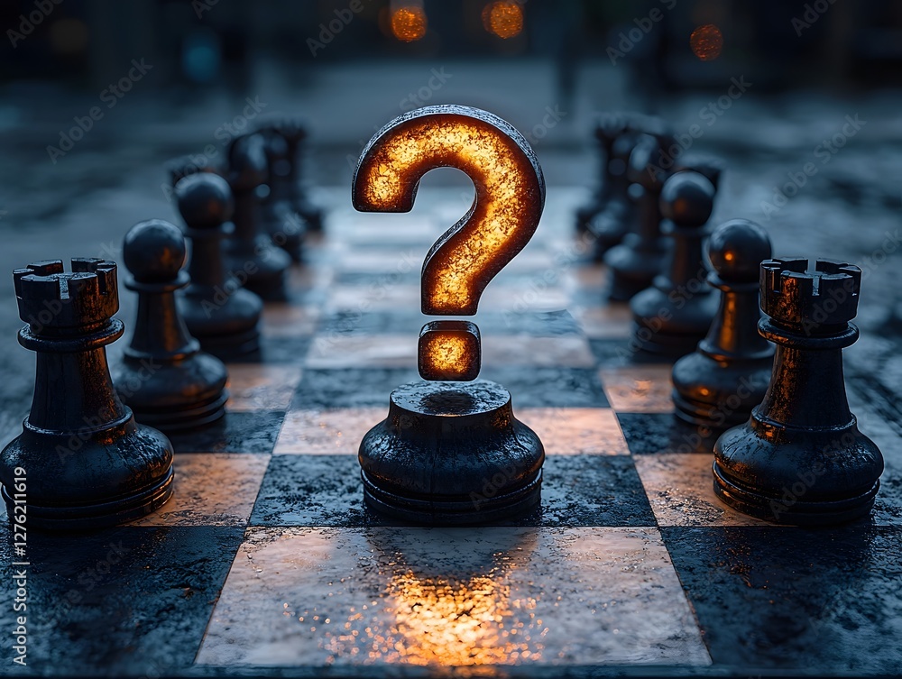 Poster glowing question mark floating over chessboard with business strategy pieces symbolizing critical th