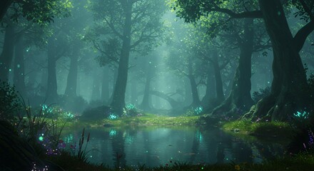 Tranquil Forest Pond with Glowing Plants and Mystical Atmosphere