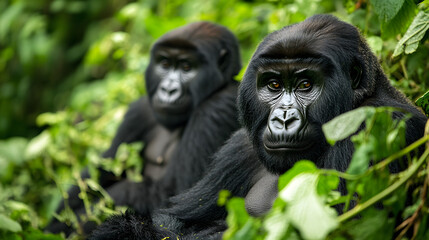 Obraz premium Two playful gorillas in lush greenery, engaged in a gentle interaction, showcasing wildlife behavior in a vibrant habitat.