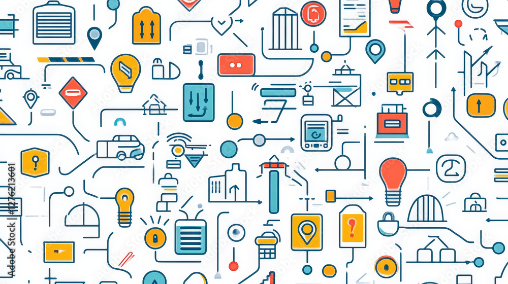 Poster navigation direction maps sign traffic and more thin line icons set vector seamless pattern