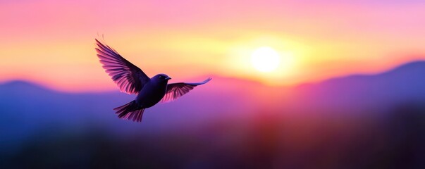 Obraz premium Bird flying sunset mountainscape