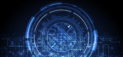 Abstraction on the theme of tech circles. Scientific and technological background. Blue gradient on the background.