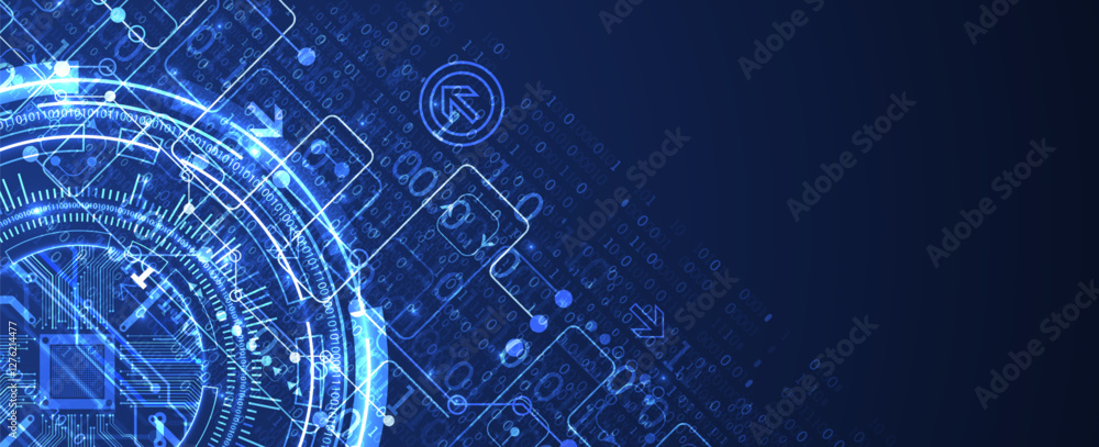 Poster Abstraction on the theme of tech circles. Scientific and technological background. Blue gradient on the background.
