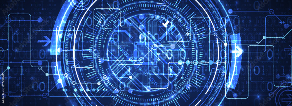 Leinwandbilder Abstraction on the theme of tech circles. Scientific and technological background. Blue gradient on the background.