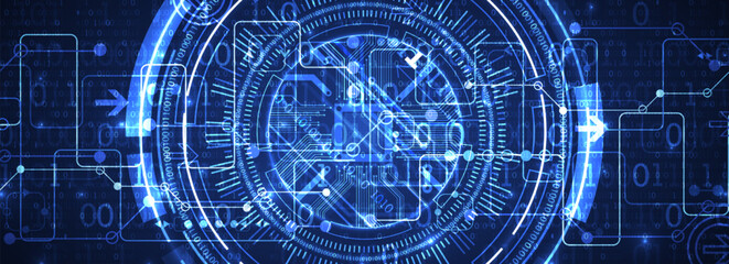 Abstraction on the theme of tech circles. Scientific and technological background. Blue gradient on the background.