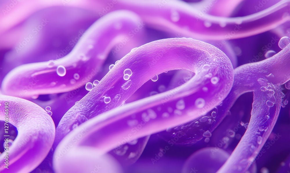 Poster close-up view of vibrant purple abstract shapes resembling organic forms with bubbles, creating a su