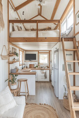 Petite maison en mezzanine au style boh&egrave;me avec des tons bois naturels, des plantes et une d&eacute;coration chaleureuse