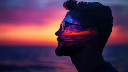 Man sunset ocean beach profile dreamscape