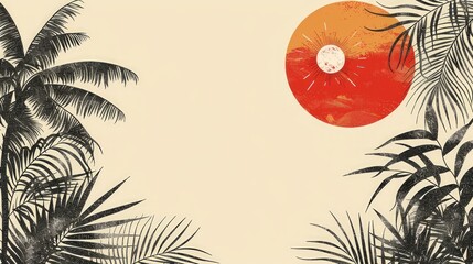 Obraz premium Tropical Sunset Silhouette: Palm Trees and a Vibrant Sun