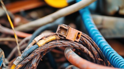 Damaged cables on a mechanic’s workbench. Featuring exposed copper and frayed insulation