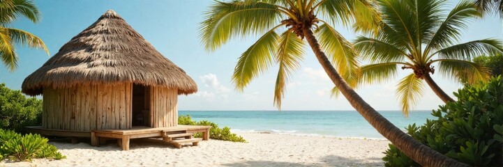 Thatched beach hut surrounded by palm trees on tropical island