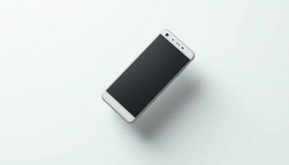 Smartphone on white background, minimalist composition, top-down view, sleek black and silver design, modern technology, high-resolution product photography, clean aesthetic, shadow detail,