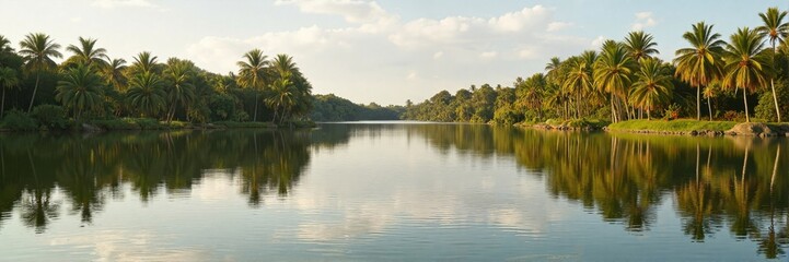 Palm trees reflecting on calm river under clear sky
