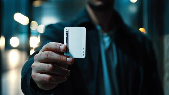 Holding a blank card in a dimly lit urban setting at night
