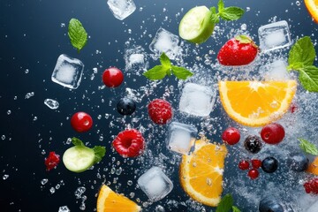 Fresh fruit slices, berries, mint, and ice cubes splashing in water, creating a refreshing summer image.