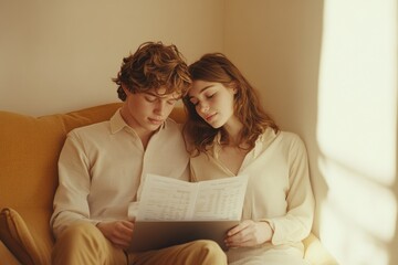 Young couple leans close, examining documents together on a cozy couch, bathed in soft sunlight.
