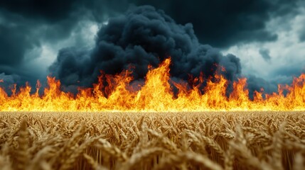A blazing fire engulfs a golden wheat field, dark smoke billows into the stormy sky above the flames.