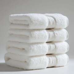 A stack of fluffy white bath towels, soft texture, ultra-realistic, white background