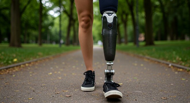 Woman Walking with Prosthetic Leg in Park Demonstrating Active Lifestyle