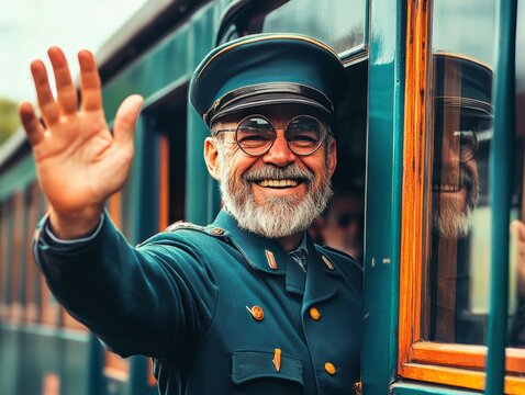 Train conductor in a vintage uniform, smiling while waving to passengers on a historic steam locomotive