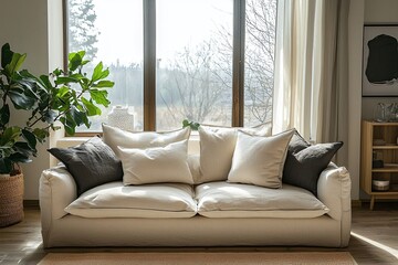 A modern minimalist interior design of a residential living room with windows and sofas. Generative AI
