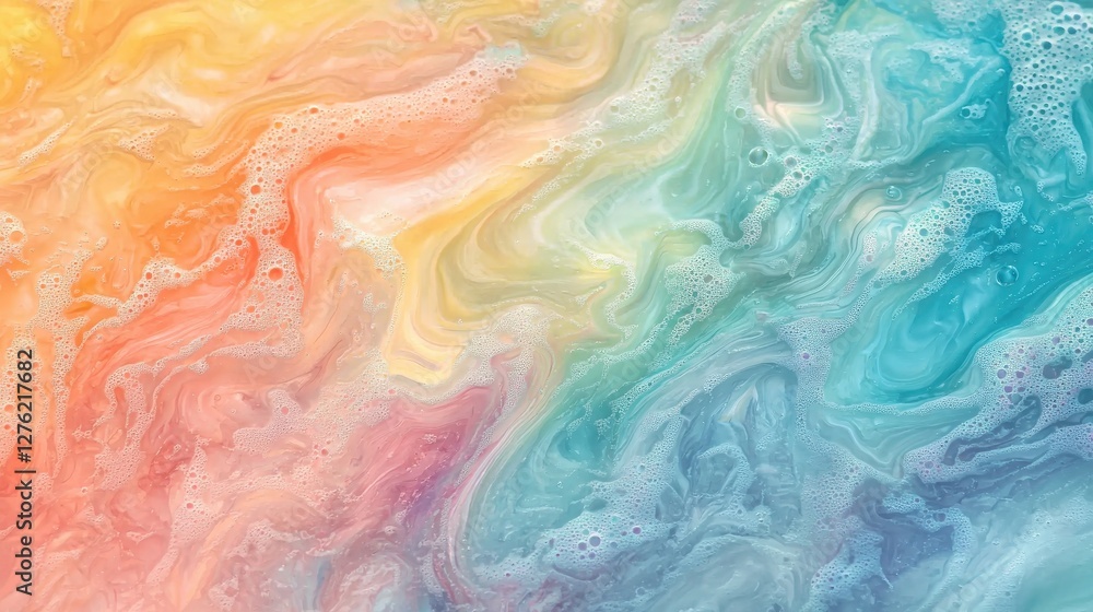 Poster colorful swirls of vibrant hues blend in a mesmerizing pattern with bubbles in soft pastels creating