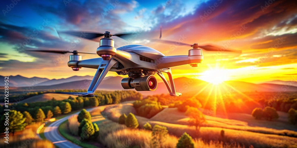 Poster high-detail 3d render of a drone in dynamic flight, showcasing intricate design and realistic textur