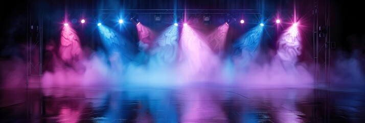 Stage lights illuminating smoke and reflections; concert, dance, theater use
