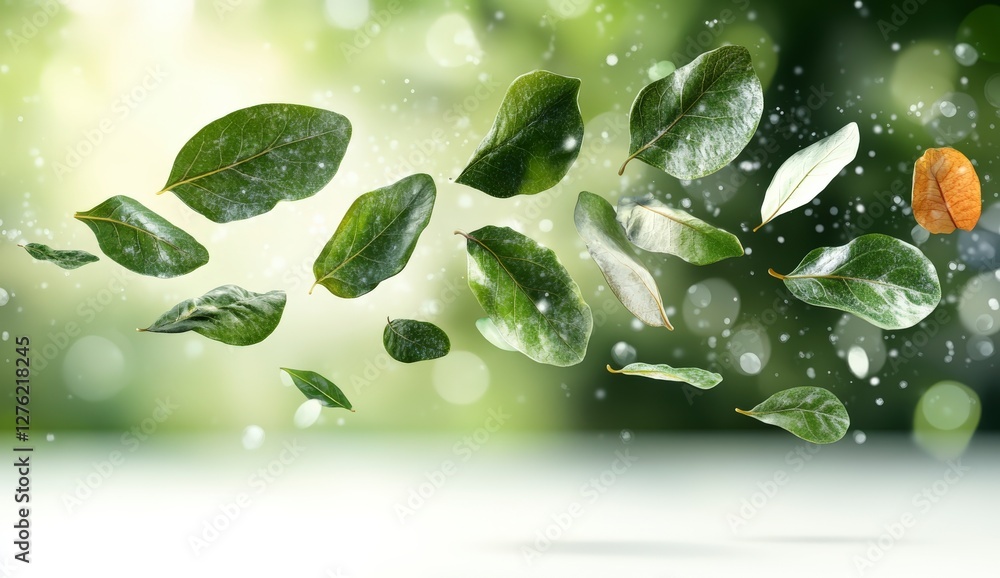 Poster floating green leaves with soft bokeh background in nature inspired environment