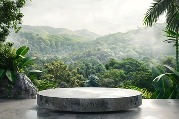 Empty stone platform in the garden. 3d render concept for product display