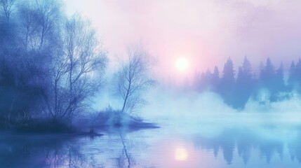 Fototapeta premium Serene Misty Morning Reflection Over Calm Lake at Sunrise