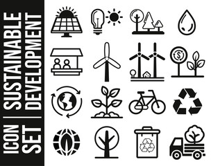 Ensemble d'icones unicolore, symbole du développement durable, recyclage et protection de la nature, vecteur