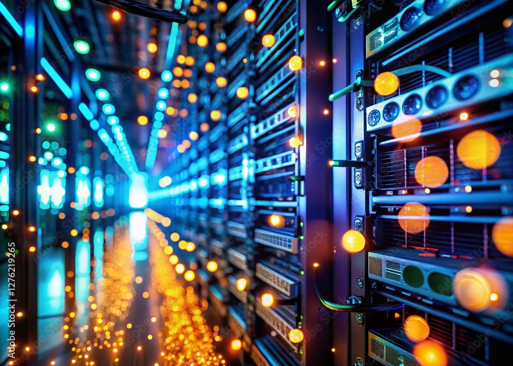 Poster high-tech server room: bokeh effect data center, powerful computing, network infrastructure, cloud c