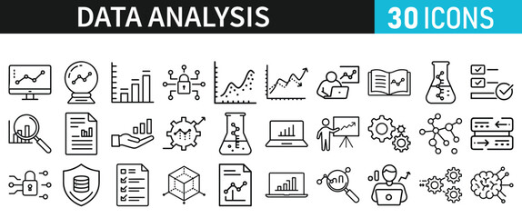 Data analysis set of icons for web. Data analytics icons in liner style. Bar Graphs, information, analysis, processing, research network collection, statistics, analytics, collection