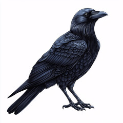 Fototapeta premium Black raven perched, showcasing detailed feathers and sharp beak.
