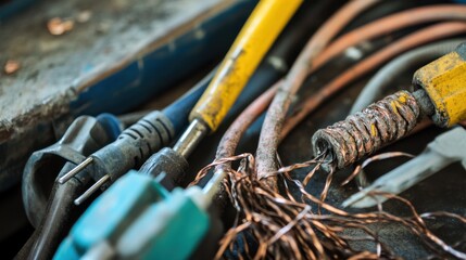 Damaged cables on a mechanic's workbench. Featuring exposed copper wires and frayed insulation
