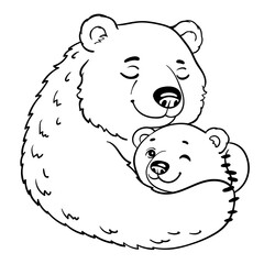 Polar Bear Mom and Baby. Cartoon. Black and white line illustration