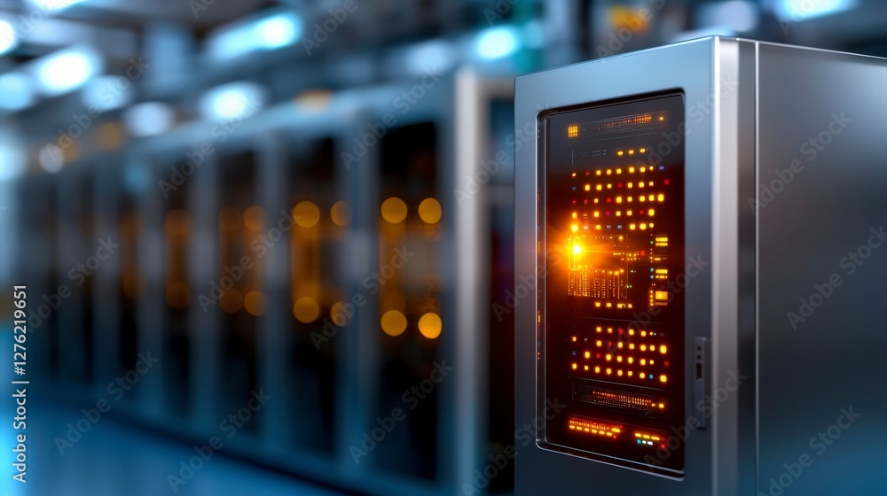 Poster modern data center with glowing server racks and network equipment in a high-tech environment