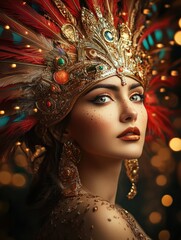 Fashion Brazilian festival Model with Feather Headpiece and Body Jewellery